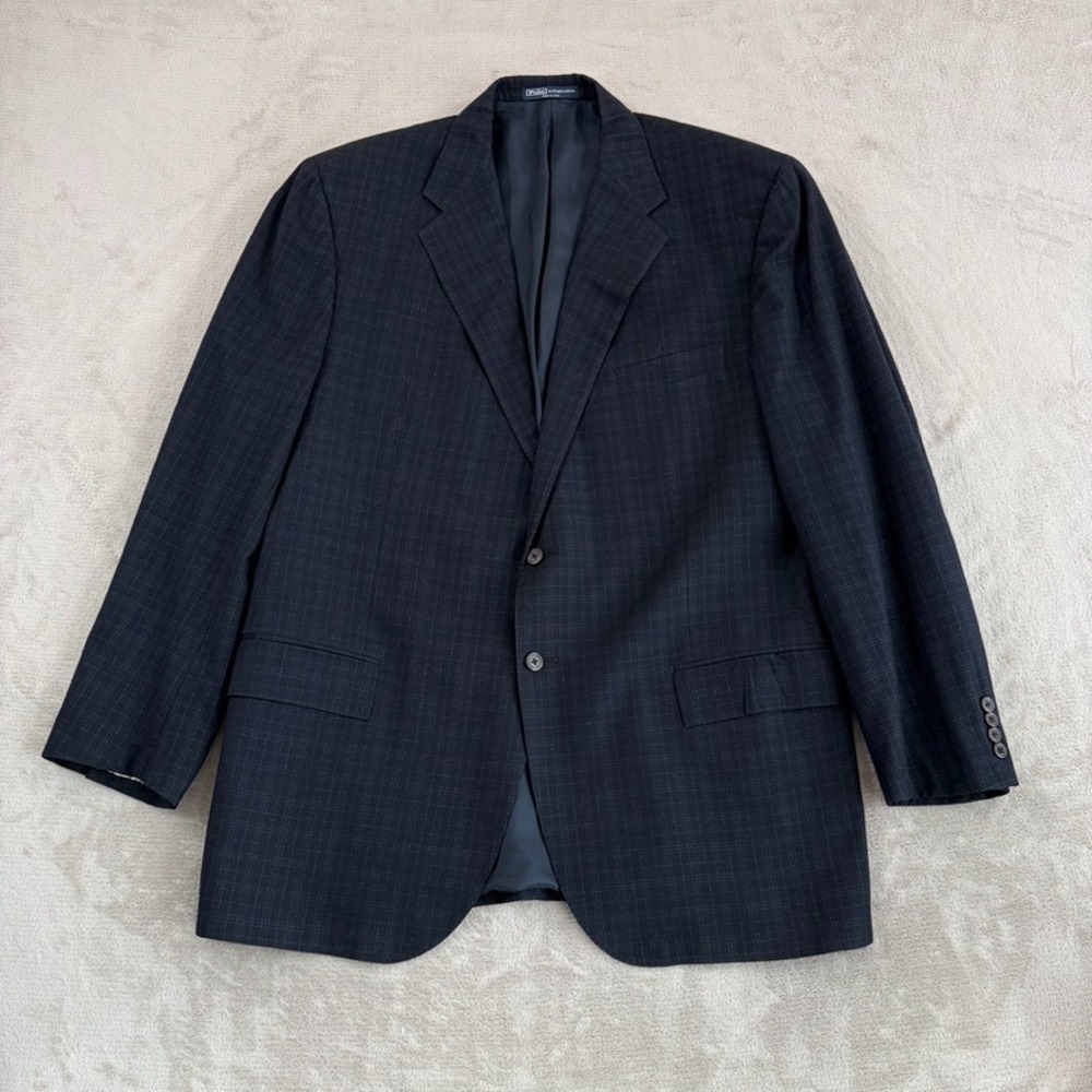 Vintage Polo Ralph Lauren‎ Blazer Sport Coat Navy Plaid Wool Fits 46L Italy Made
